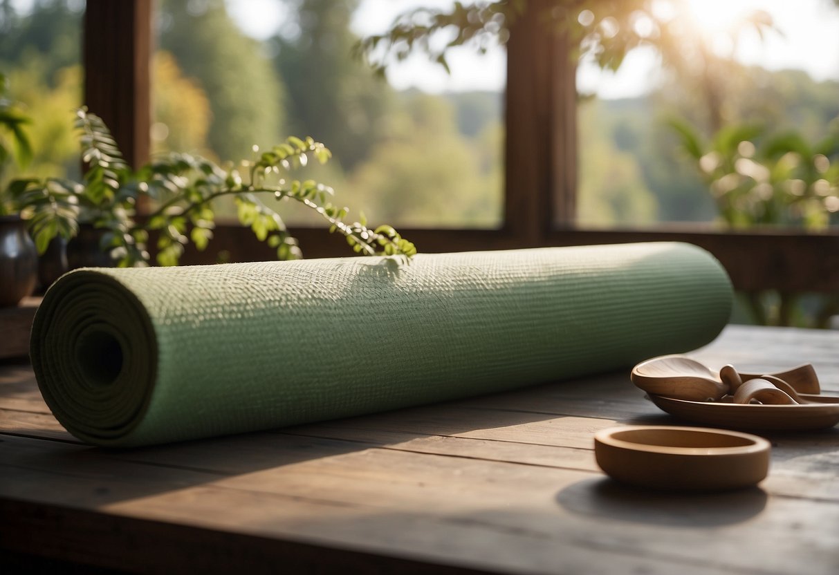 A serene setting with a yoga mat and props, surrounded by nature. A peaceful atmosphere with soft lighting and calming colors