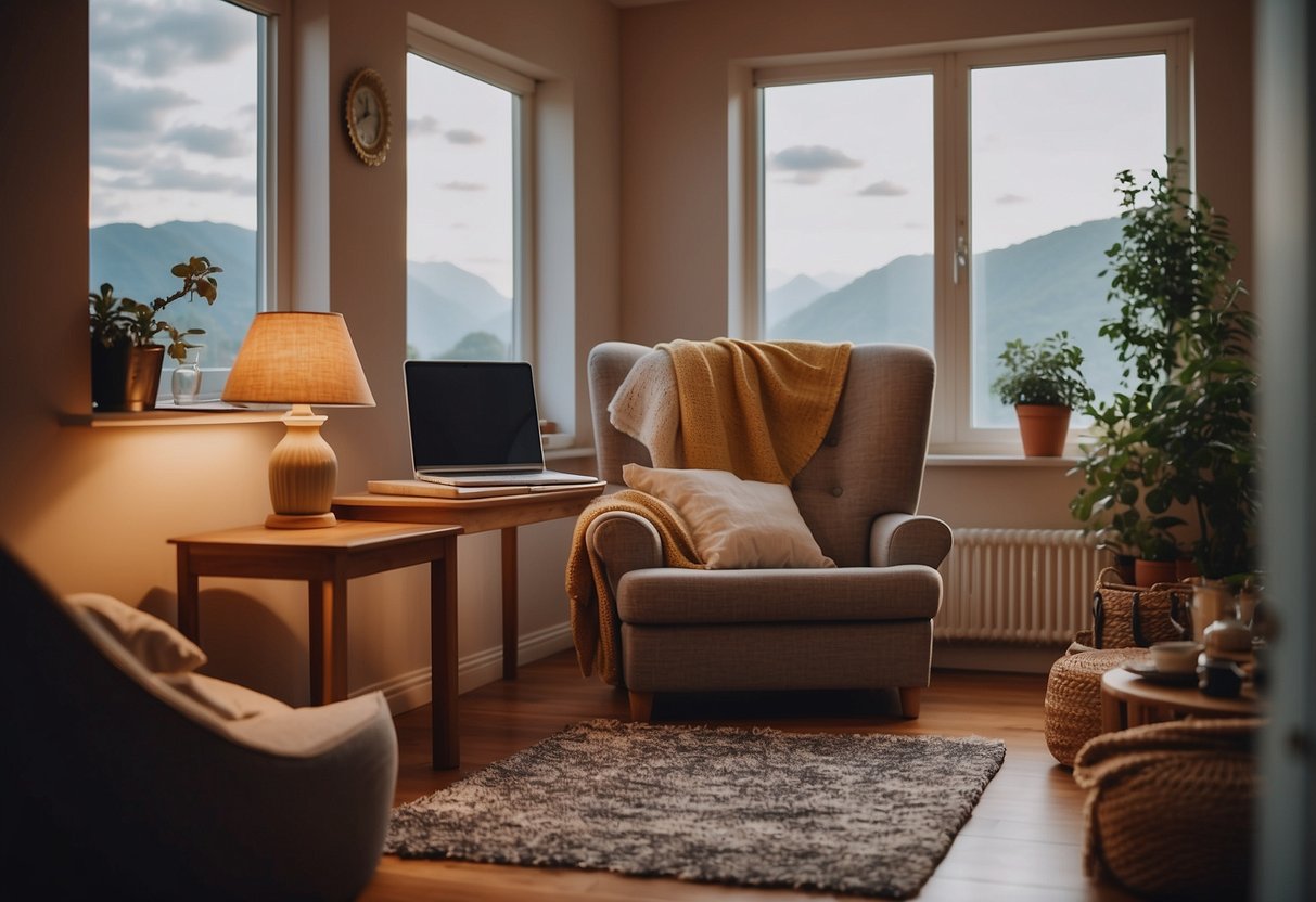 A cozy room with soft lighting, a comfortable chair, and a table with a cup of tea. A laptop or phone playing relaxing music. A list of "10 Post-Trip Recovery Tips" displayed on the wall