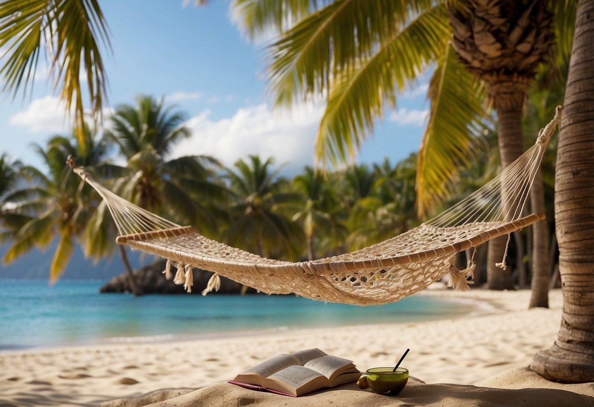 A tranquil beach scene with a hammock strung between two palm trees, a gentle breeze rustling the leaves. A book and a refreshing drink sit on a nearby table, inviting relaxation and recovery