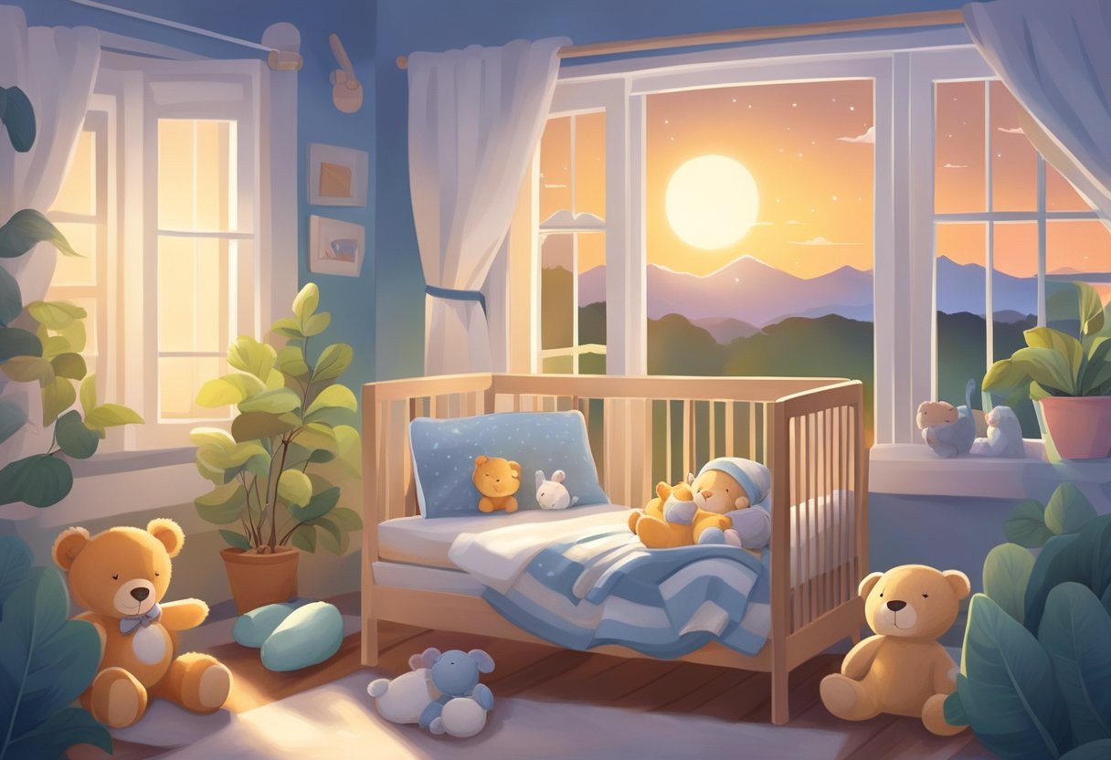 A peaceful baby sleeps in a cozy crib, surrounded by soft toys and a gentle nightlight. Outside, the sun sets over a calm, leafy neighborhood