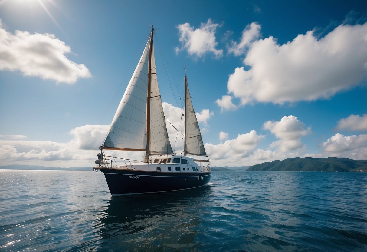 A boat cruising on calm waters, with a clear blue sky and a few fluffy clouds. The boat is well-equipped with supplies and comfortable seating for a long journey