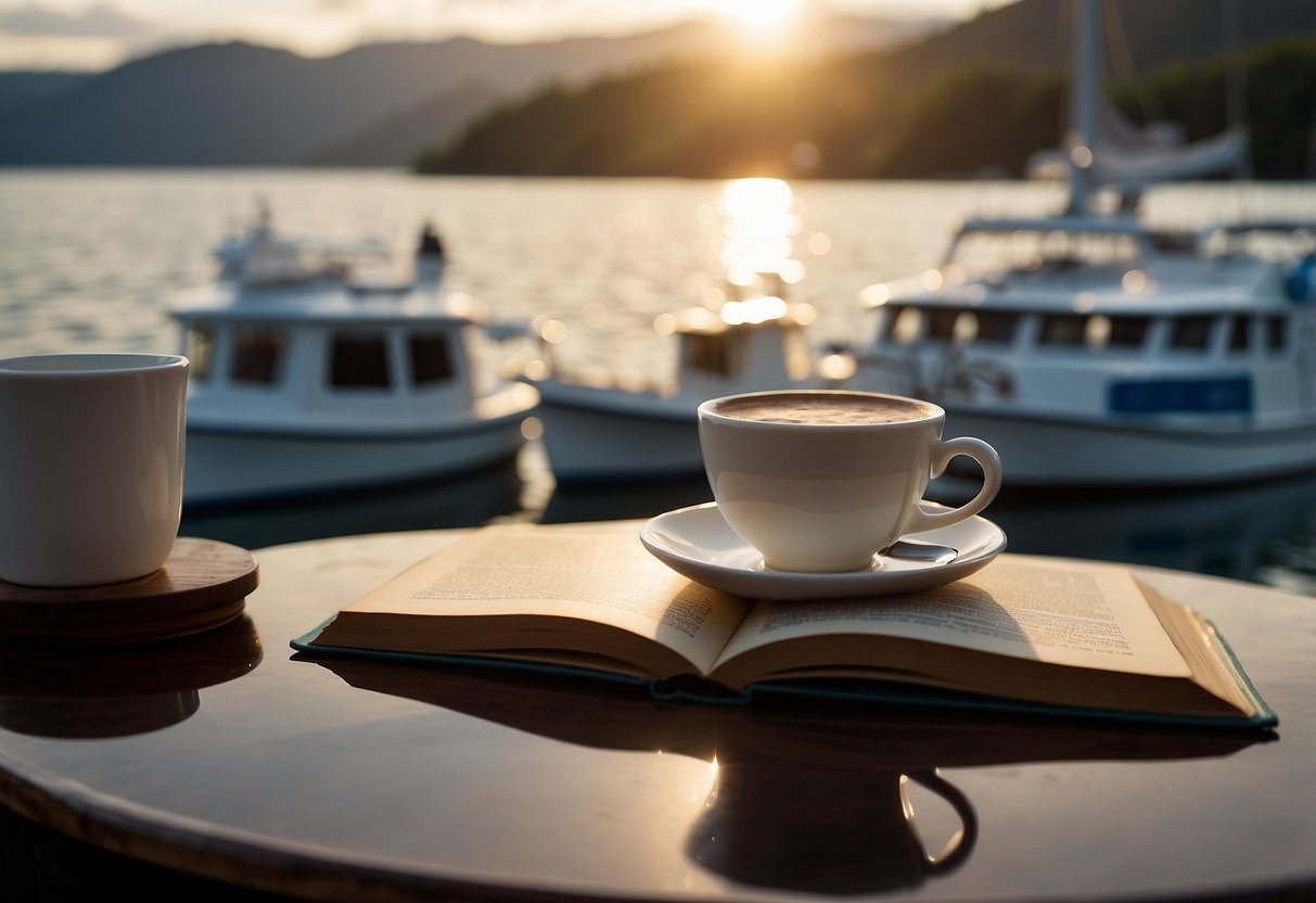 A person on a boat, surrounded by books, with a scenic view of the water and sky in the background. A cup of coffee or tea sits on a table next to the books