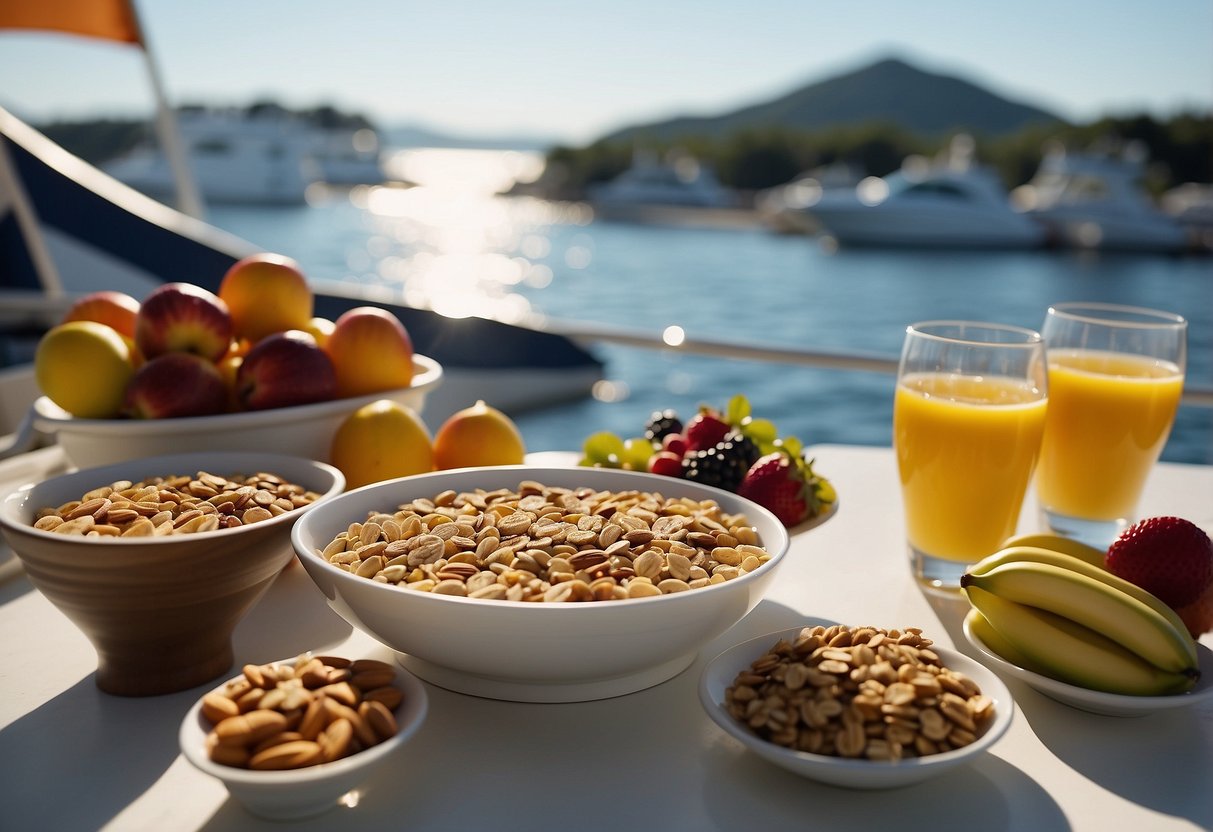 A spread of fresh fruits, nuts, and granola bars laid out on a table next to a cooler and a water bottle. The sun is shining, and the boat is cruising through calm waters