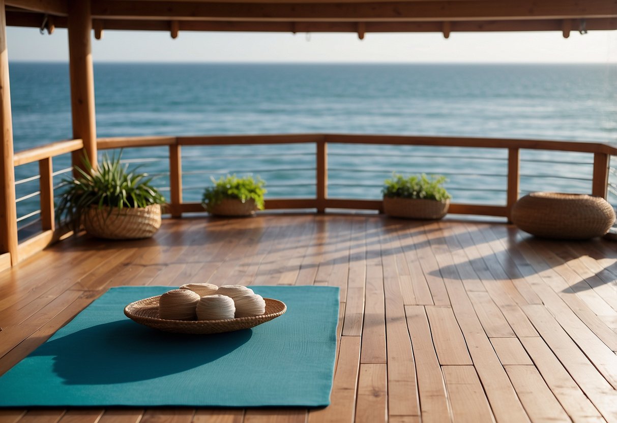 A serene ocean view with a boat in the background, surrounded by calm waters and clear skies. A yoga mat or stretching area is set up on the deck, with props like blocks and straps nearby