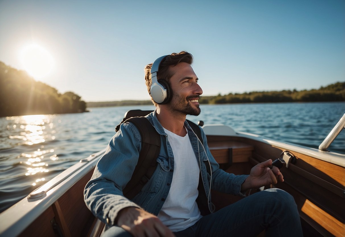 A person sits on a boat, surrounded by water and blue skies. They have headphones on, listening to a motivating podcast while enjoying the long boating trip