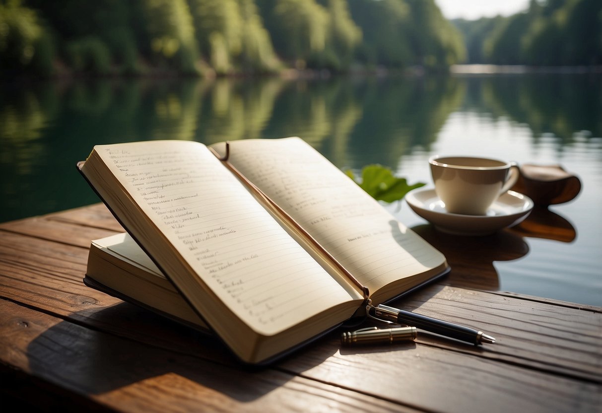 A serene lake with a boat docked, surrounded by lush greenery. A journal and pen sit on the deck, with a list of daily goals. The sun shines overhead, creating a peaceful and motivating atmosphere