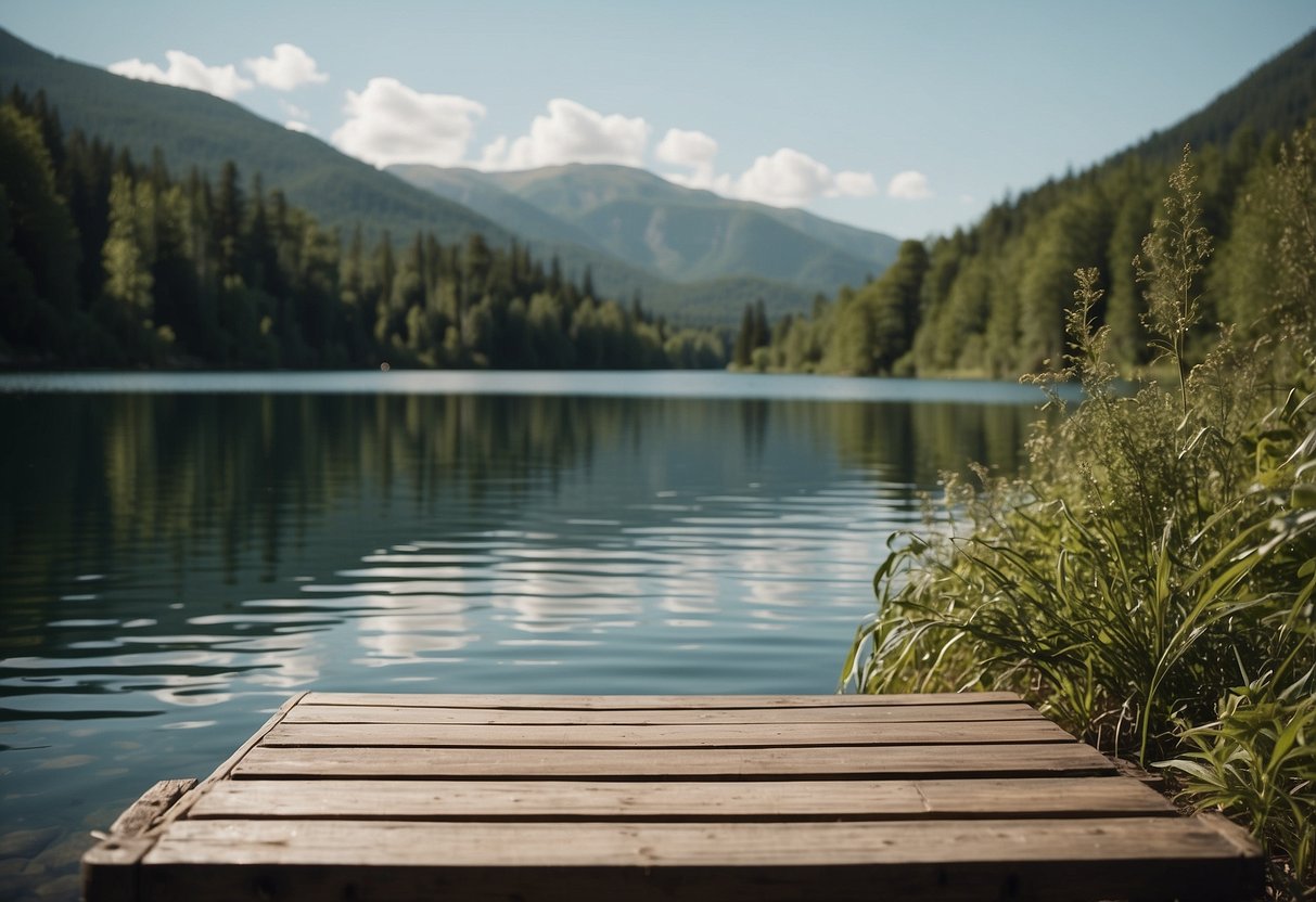 A serene lake with a dock, surrounded by lush greenery. A pair of comfortable boating pants laid out on a wooden bench, with a calm breeze blowing through the scene