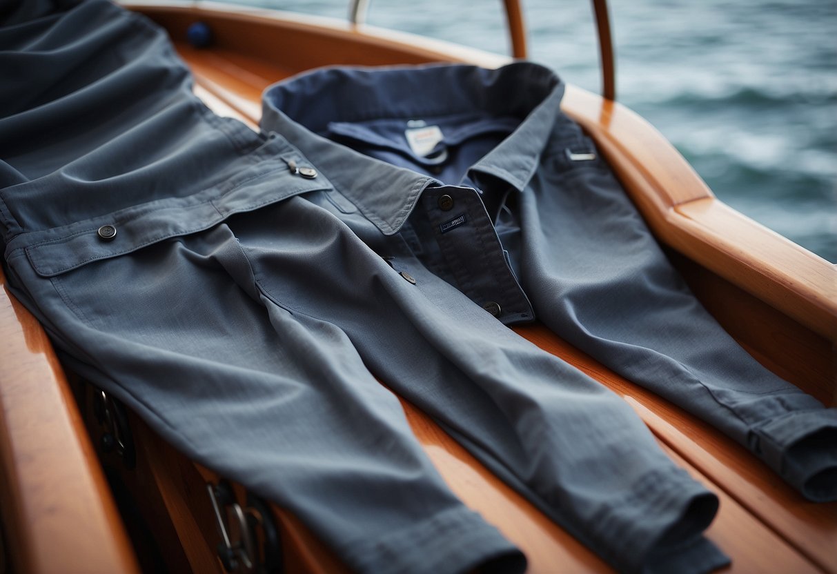 A pair of Gill Men's OS3 Coastal Trousers lying on a boat deck, with a calm ocean in the background and a gentle breeze blowing