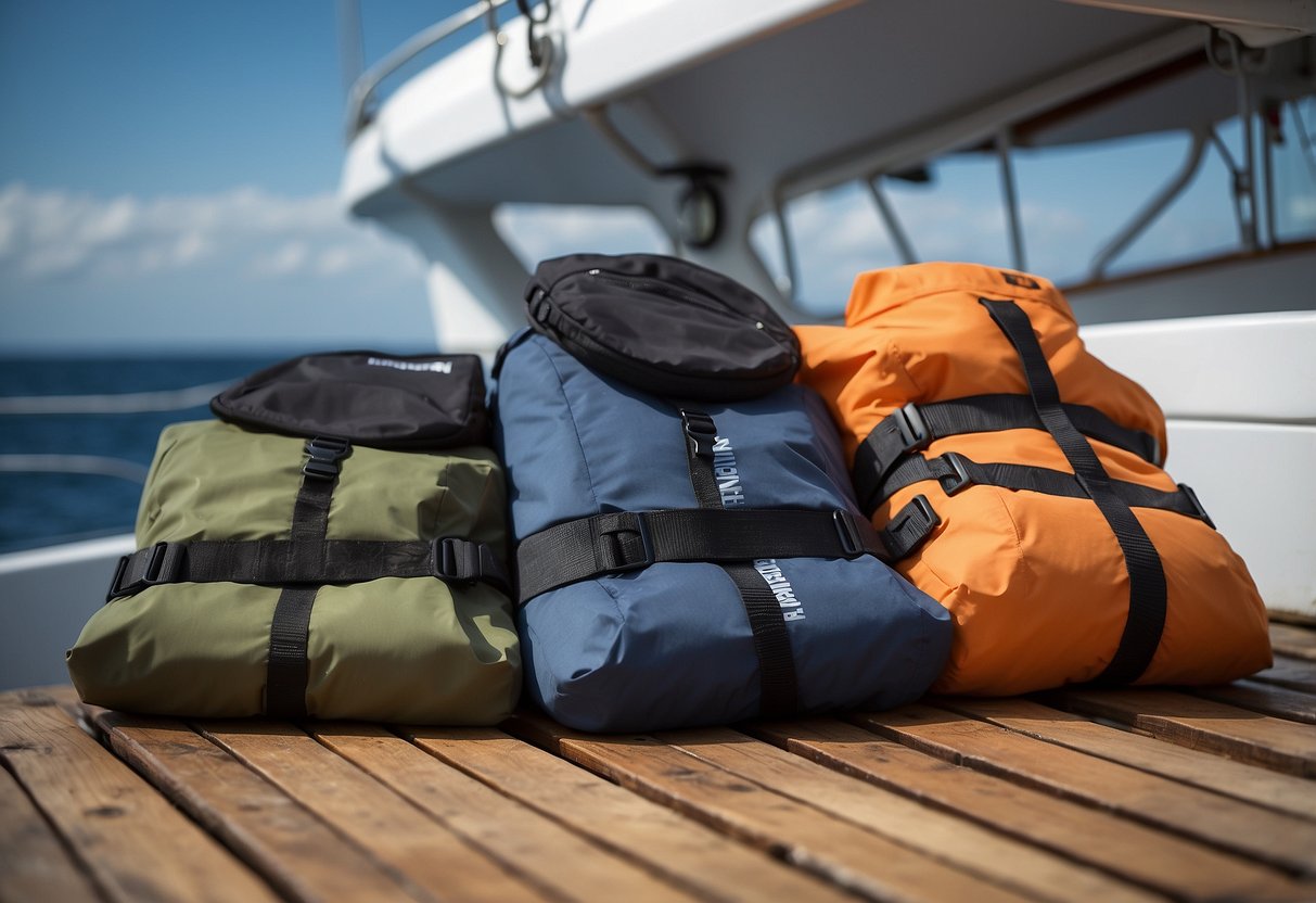 A pair of Helly Hansen Men's Salt Light Pants lies neatly folded on a boat deck, surrounded by nautical equipment and a serene ocean backdrop