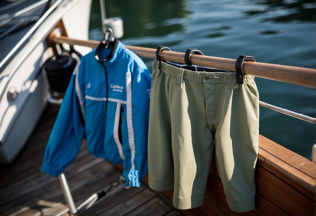 A pair of Columbia PFG Terminal Tackle Pants hanging on a boat railing, with a fishing rod and tackle box nearby. The pants are made of lightweight, breathable fabric, perfect for a day on the water