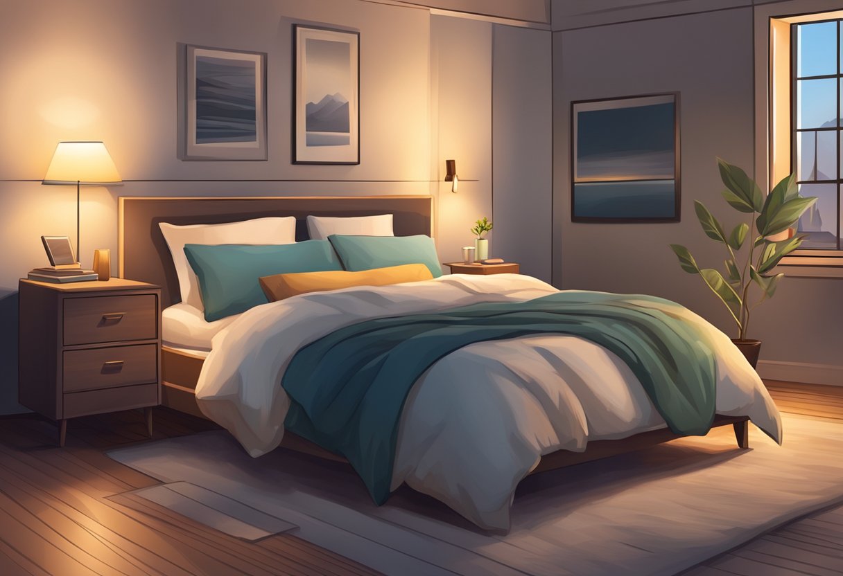 A cozy bedroom with dim lighting, a comfortable bed with soft pillows and blankets, and a quiet, peaceful atmosphere. A clock on the nightstand shows the time, indicating the concept of "wake windows."