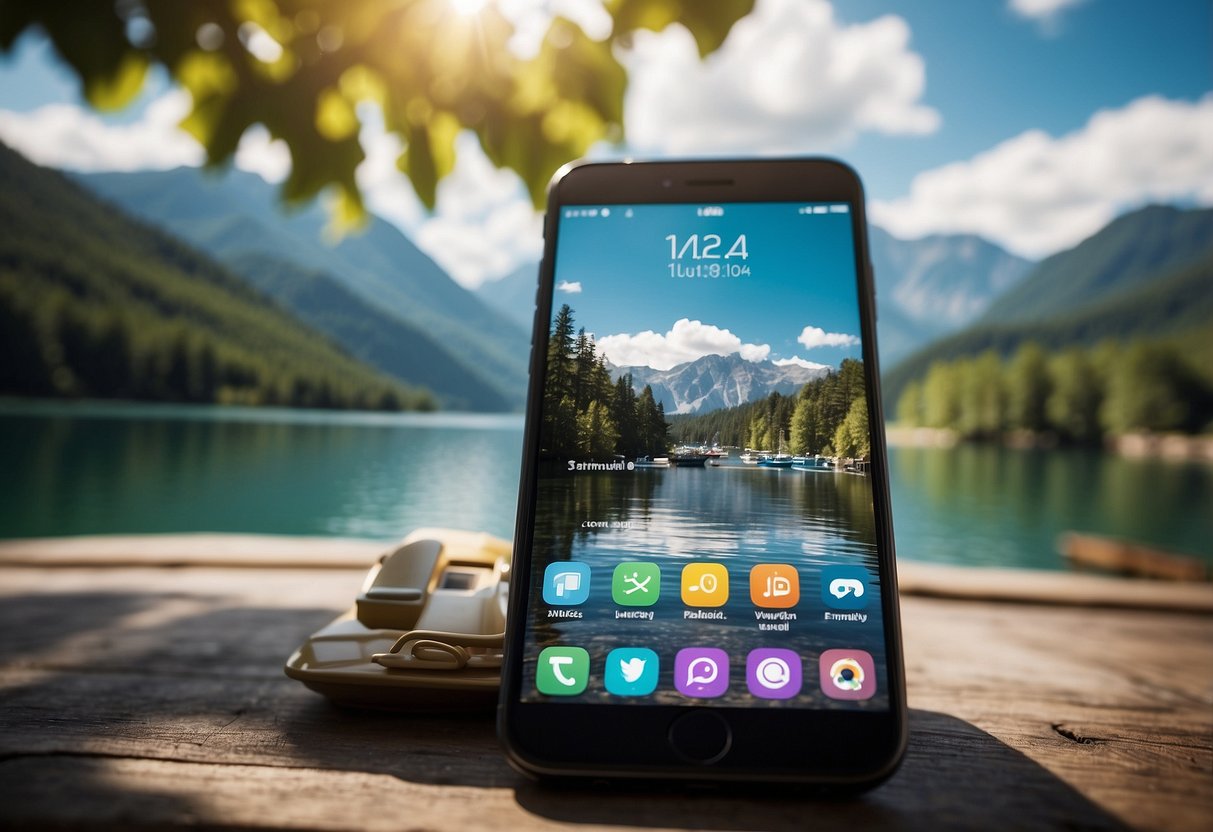 Colorful icons of boating apps displayed on a smartphone screen, with a serene lake and a boat in the background