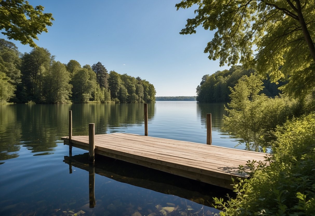 A serene lake surrounded by lush green trees, with a clear blue sky overhead. A small dock extends into the water, inviting boaters to explore the tranquil setting