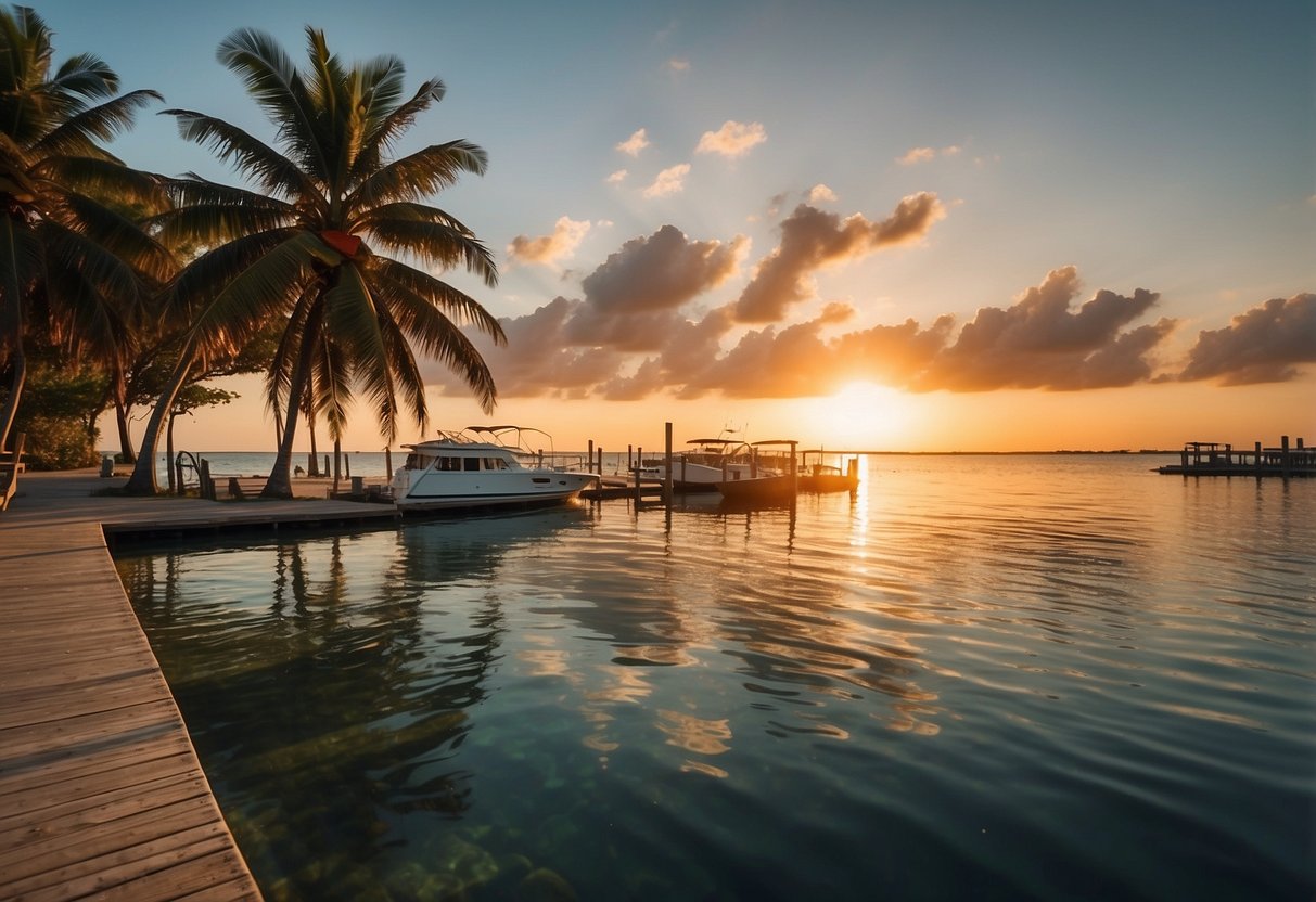 The sun sets over calm waters, palm trees line the shore. Boats dot the horizon, a gentle breeze ripples the sea. A serene, idyllic boating spot in Key West, Florida