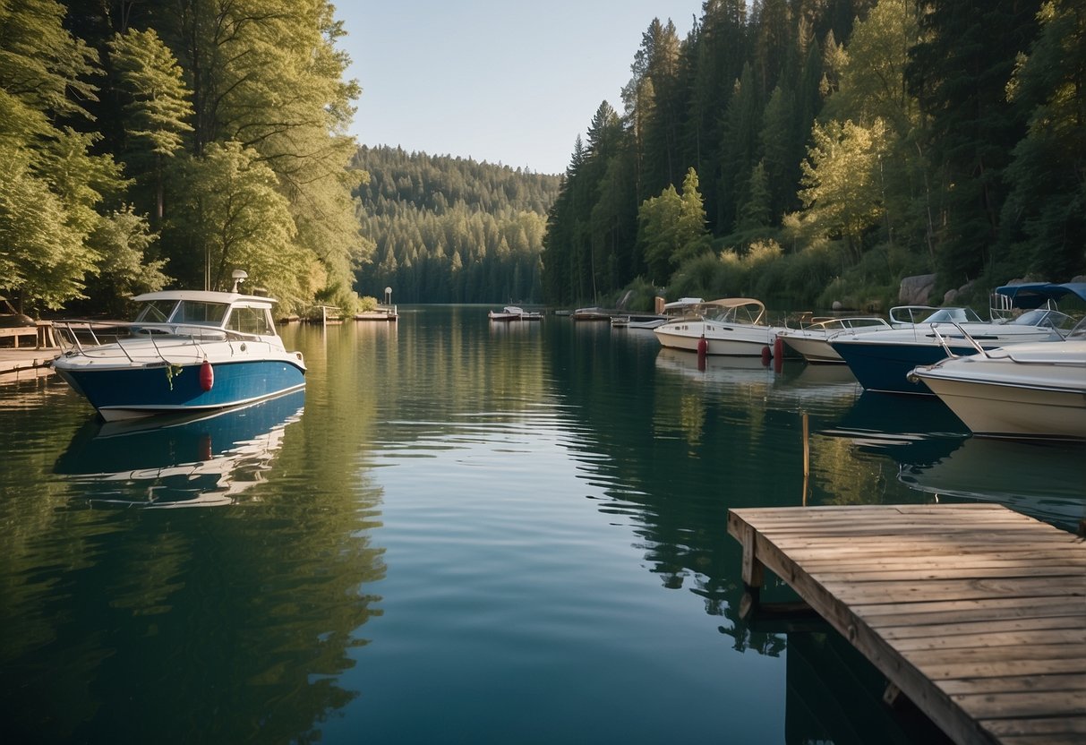 A serene lake surrounded by lush greenery, with a dock and a variety of boats moored along the shore. A clear blue sky and gentle ripples on the water create a peaceful and inviting atmosphere