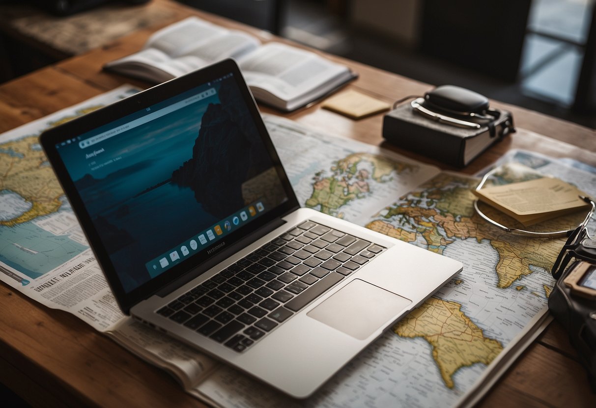 A person studying maps and websites for boating locations, surrounded by guidebooks and a laptop. A checklist of tips is visible