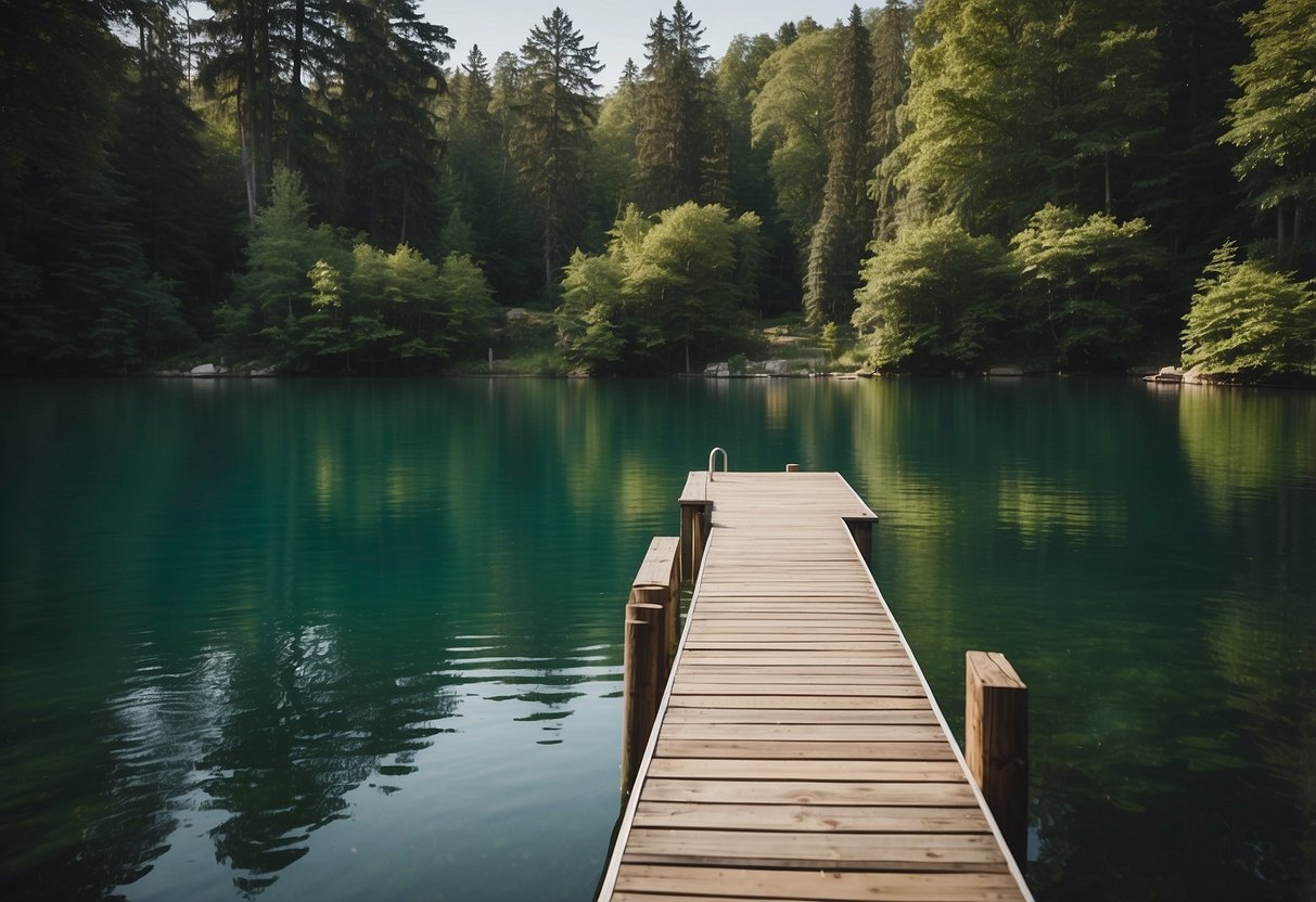 A serene lake surrounded by lush greenery, with a clear and calm water surface. A dock or pier is visible, with a wheelchair-accessible ramp leading to it. Safety equipment such as life jackets and first aid kits are easily accessible