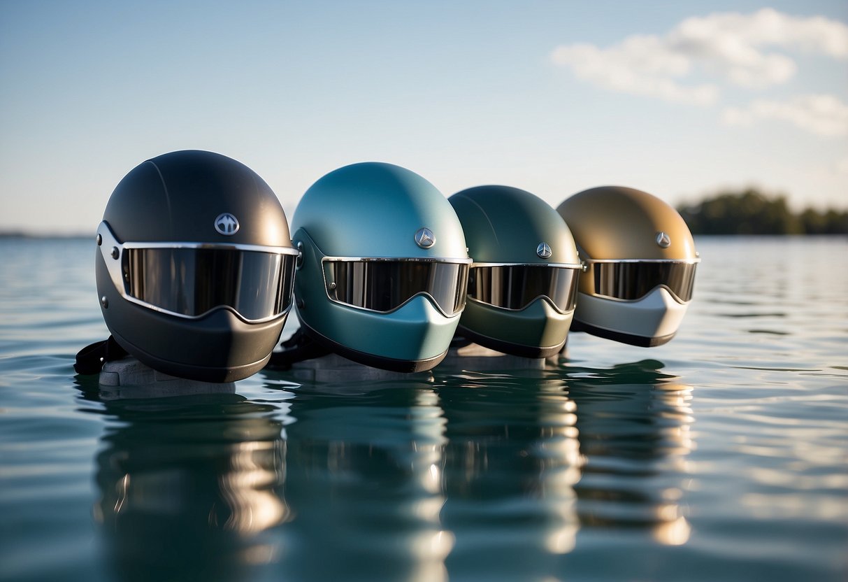 A group of five sleek, lightweight boating helmets designed for women, displayed against a backdrop of calm, blue waters and a clear, sunny sky