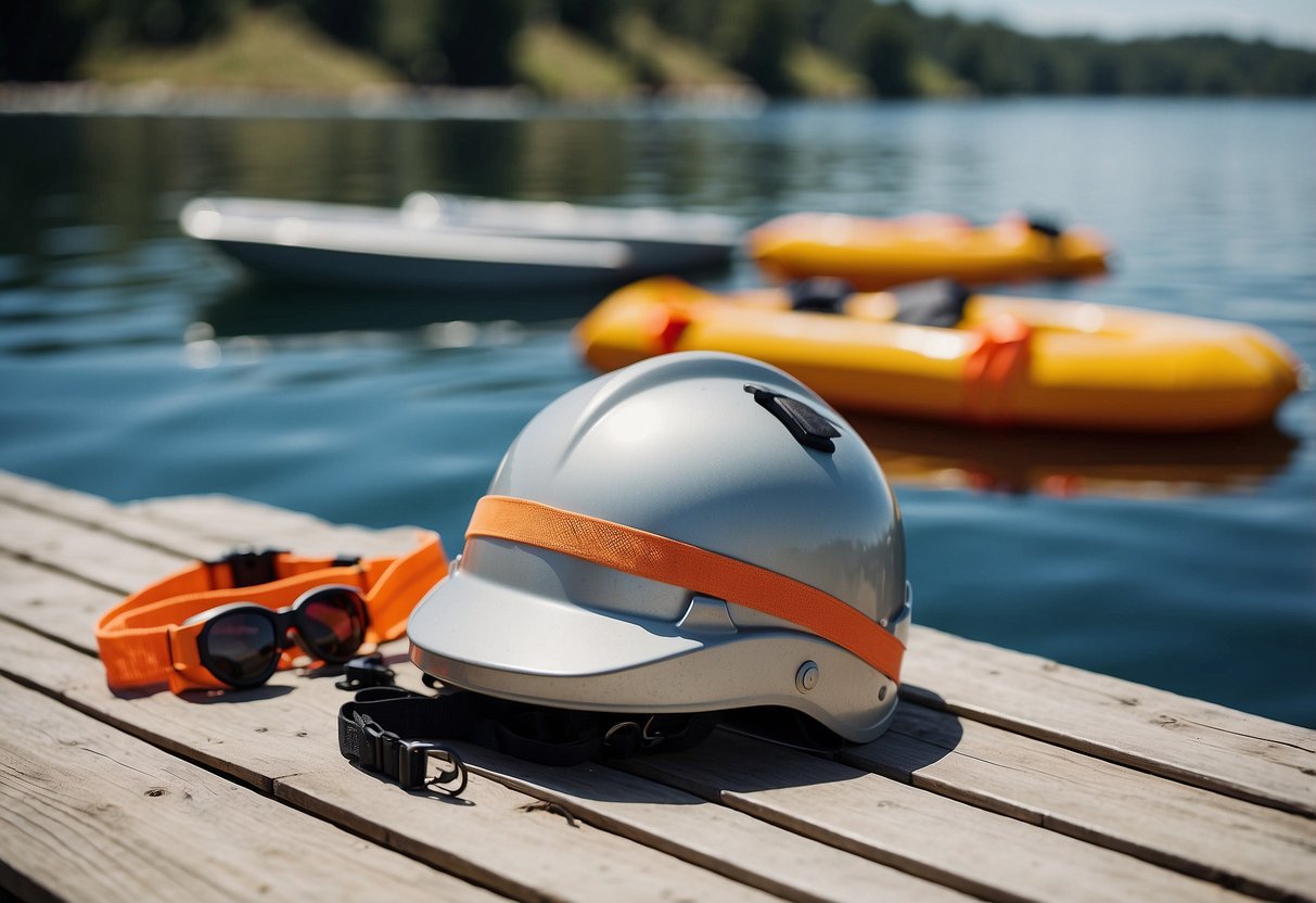 A bright, sunny day on a calm lake. A woman's life vest and boating helmets laid out neatly on a dock