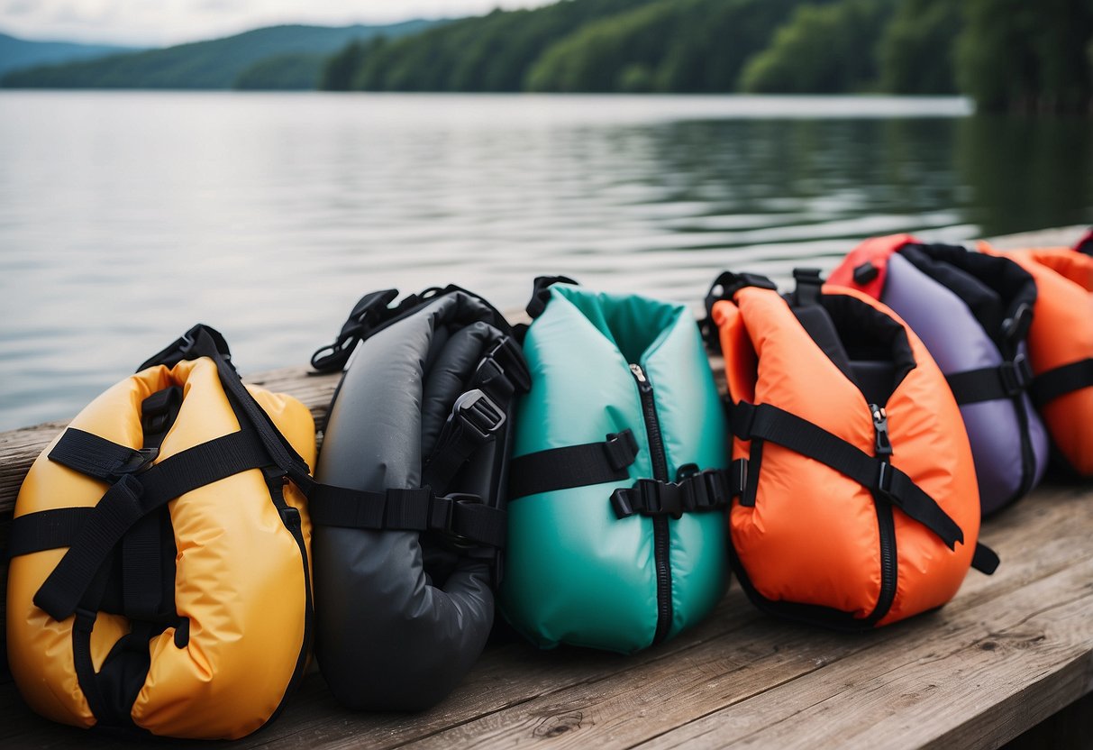 A woman's life jacket and boating helmets arranged on a dock with a serene lake in the background