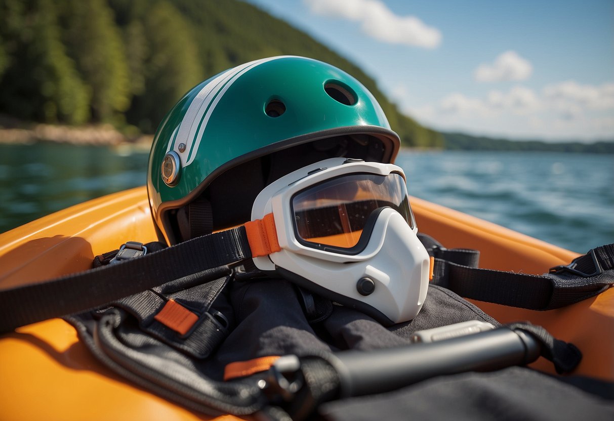 A woman's lightweight boating helmet with hinged hydroprene PFD, surrounded by water and boating equipment