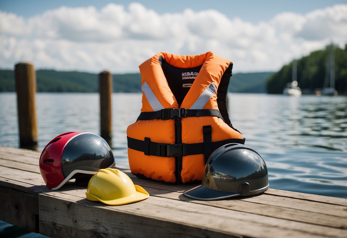 A woman's life vest and boating helmets lay on a dock, surrounded by calm water and a boat in the background