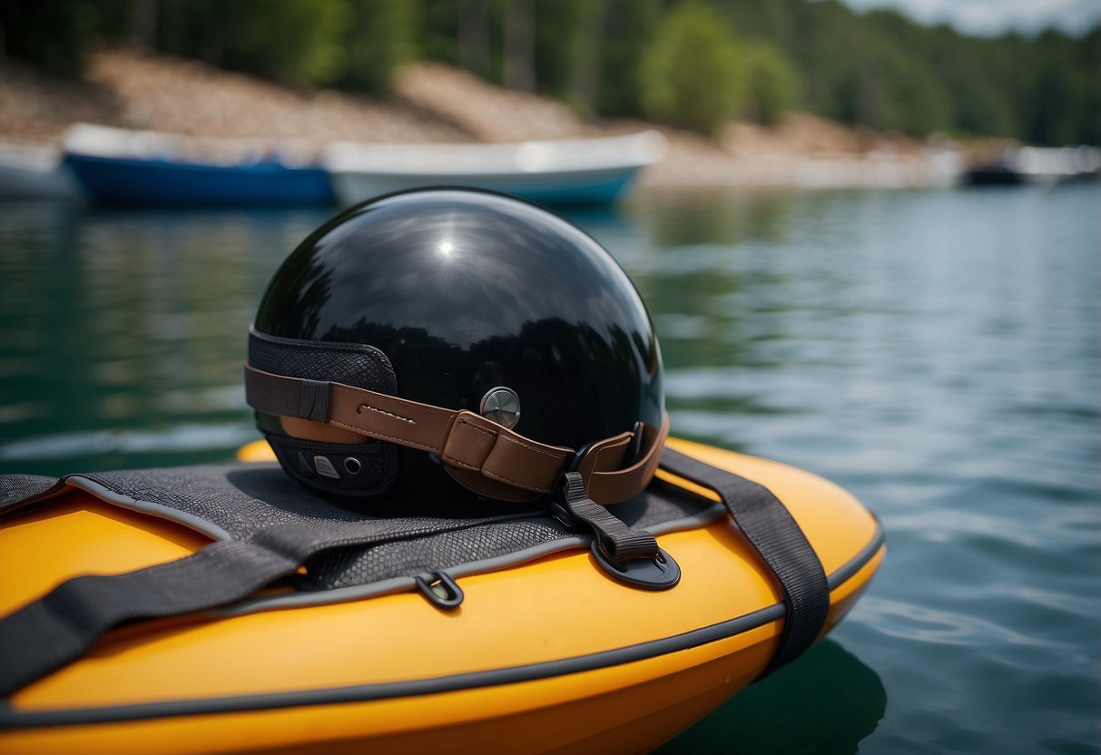 A woman's lightweight boating helmet rests on a sleek Onyx Universal Paddle Vest, surrounded by water and boating equipment