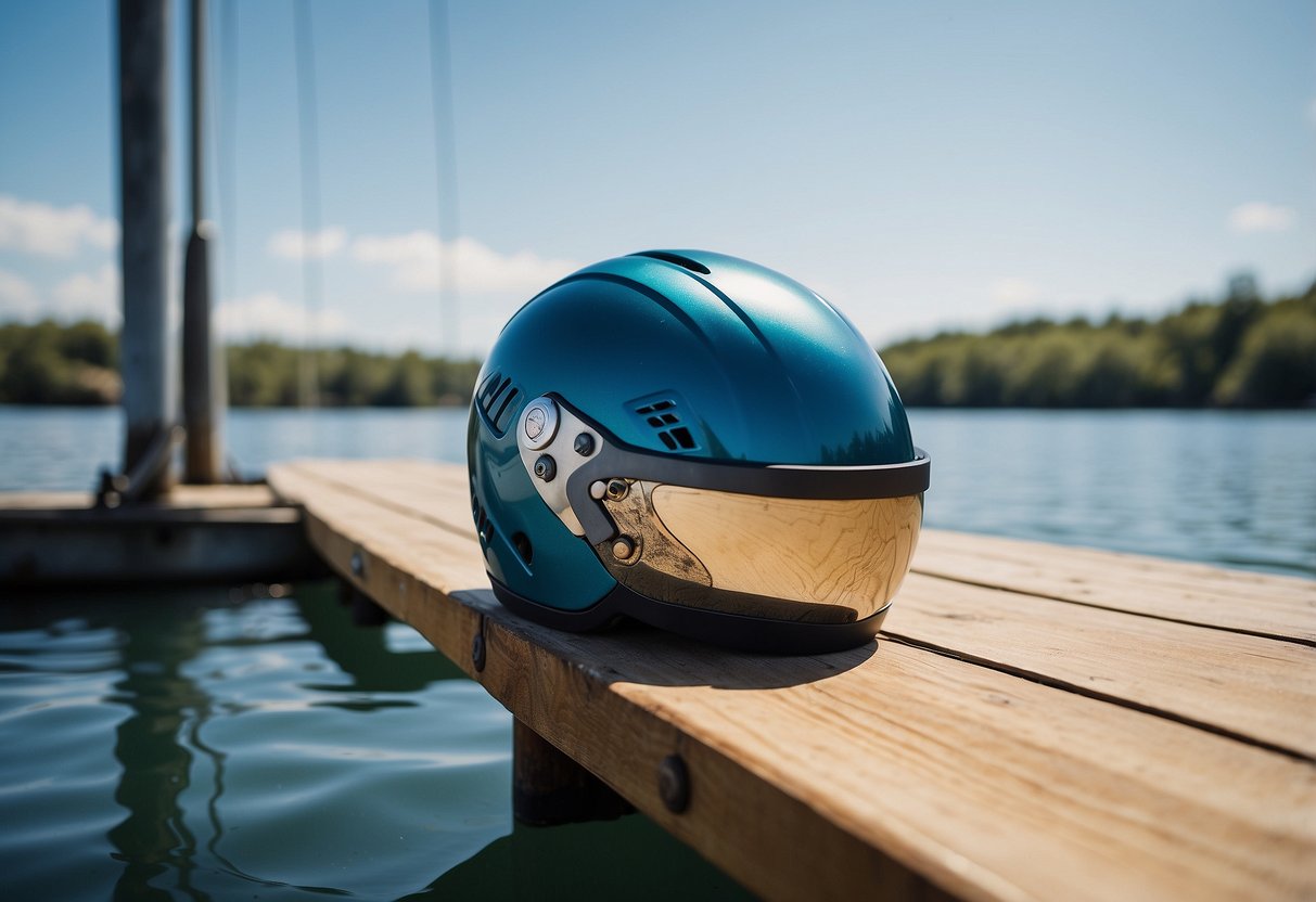 A woman's boating helmet sits on a dock, surrounded by calm water and a clear blue sky. Its lightweight design and sleek shape are emphasized, with adjustable straps and ventilation for comfort