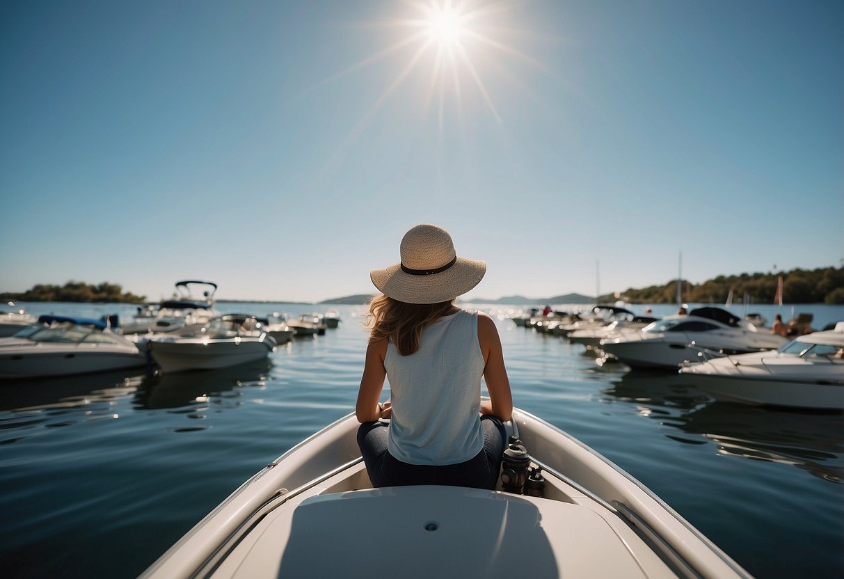 A sunny day on the calm waters, a woman in a lightweight boating helmet, surrounded by sleek boats and clear blue skies