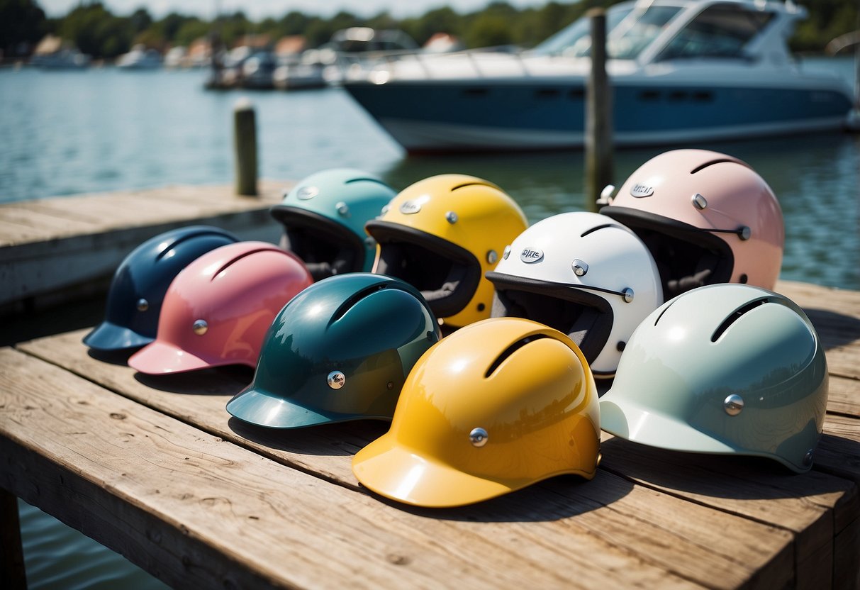 A group of five lightweight boating helmets for women, displayed in various sizes to showcase proper fit. The helmets are designed with sleek and feminine styles, perfect for a day out on the water