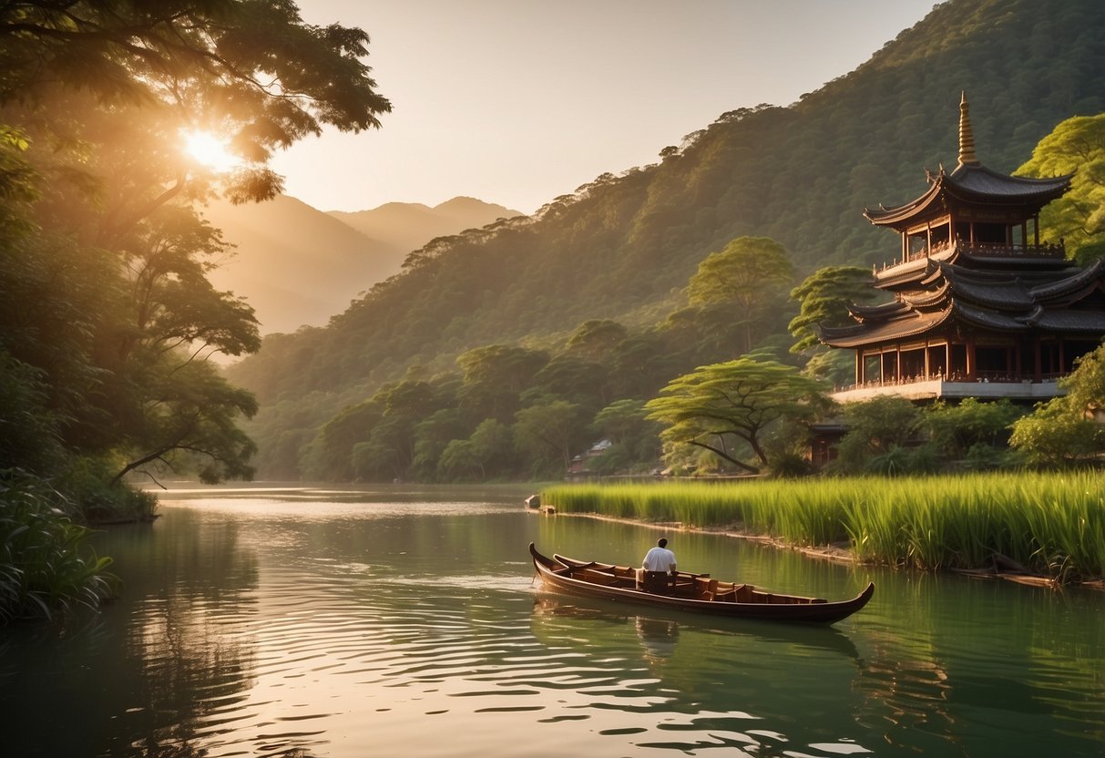 A serene river winds through lush green mountains, with a traditional wooden boat gliding along the water. The sun sets behind a distant pagoda, casting a warm glow over the tranquil scene