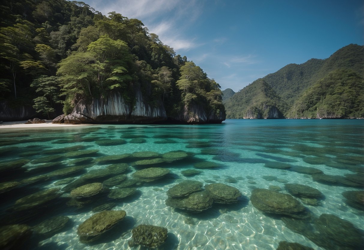 Crystal-clear waters surround lush green islands in the Mergui Archipelago, Myanmar. Boats navigate through scenic routes, passing by stunning landscapes and serene beaches