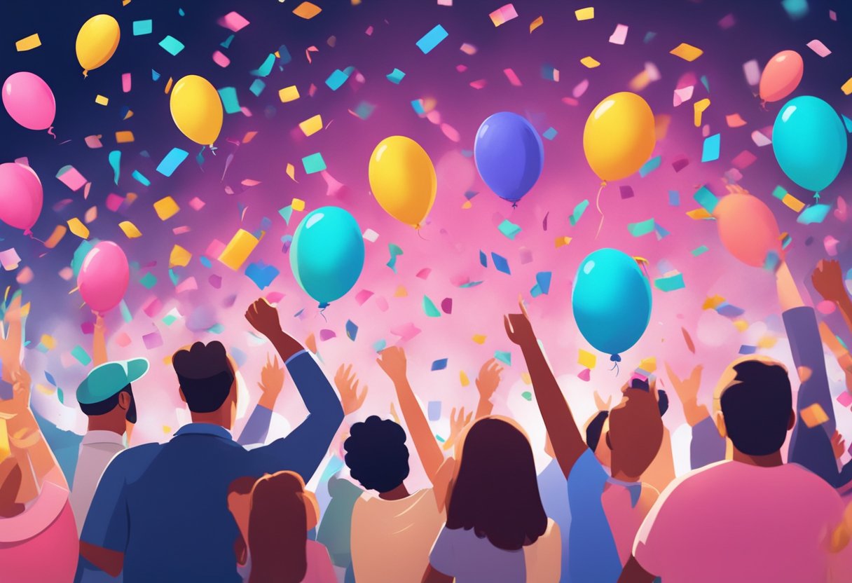 Colorful confetti bursts from a giant balloon, revealing pink or blue smoke. Surrounding friends and family cheer in excitement