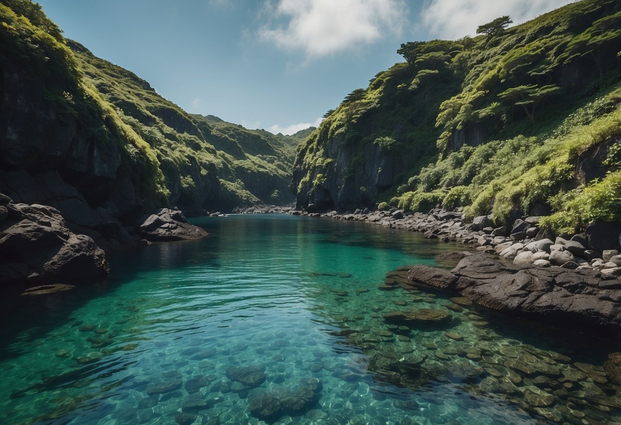 The crystal-clear waters of Jeju Island, South Korea, are dotted with lush greenery and volcanic rock formations, creating a picturesque backdrop for boating routes