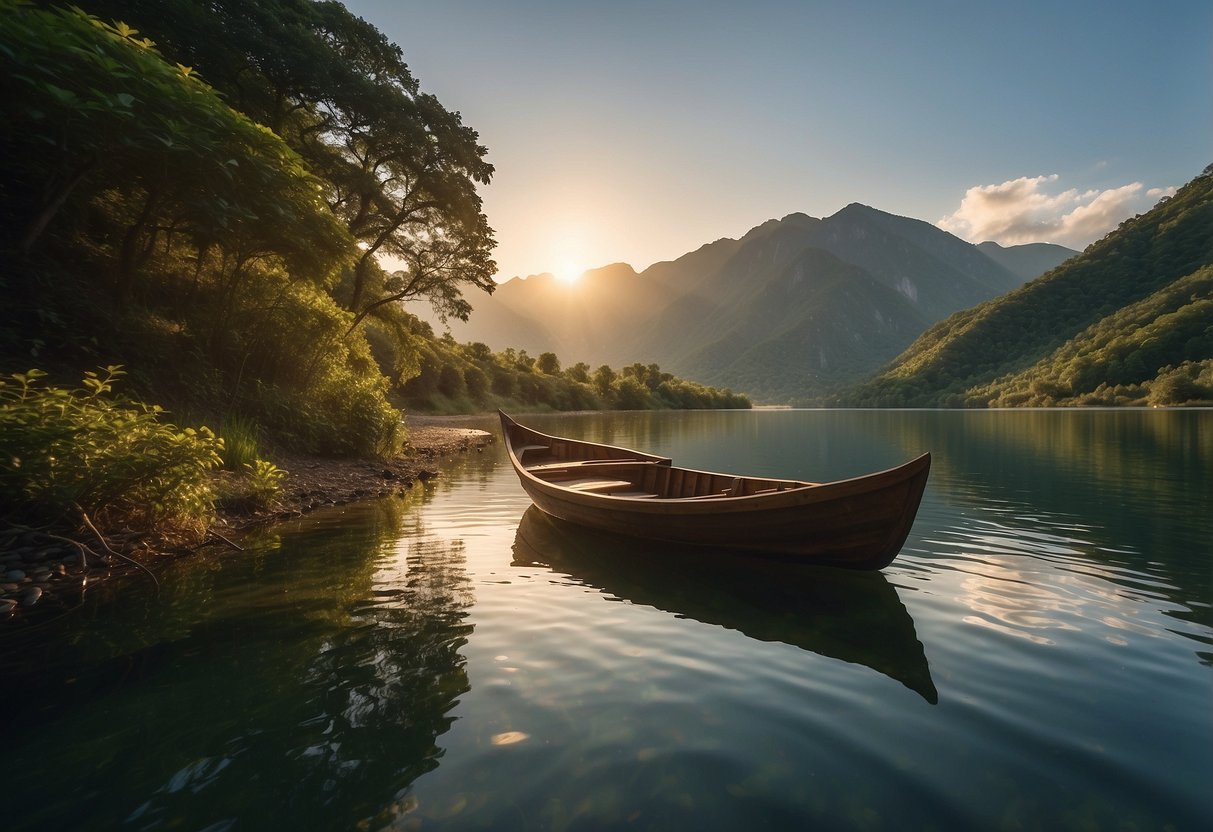 A serene river winds through lush green mountains, with a traditional wooden boat gliding peacefully along the water. The sun sets behind the peaks, casting a warm glow over the tranquil scene