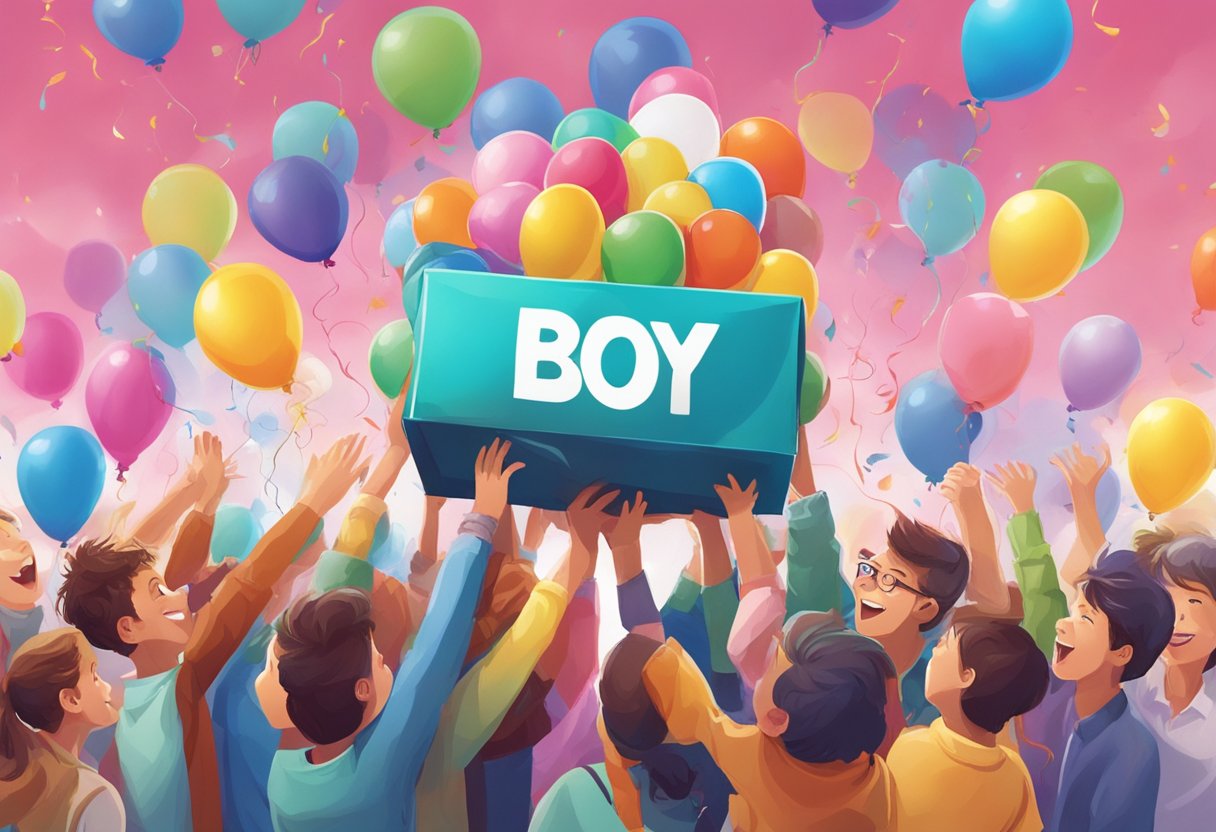 A colorful box bursting with balloons of various hues, with "Boy" and "Girl" written on each, surrounded by excited onlookers