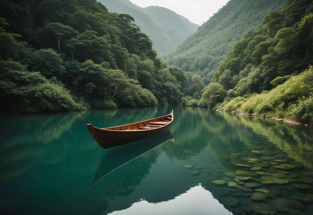 A serene river winds through lush green mountains, with a traditional wooden boat gliding peacefully along the water, surrounded by vibrant flora and fauna