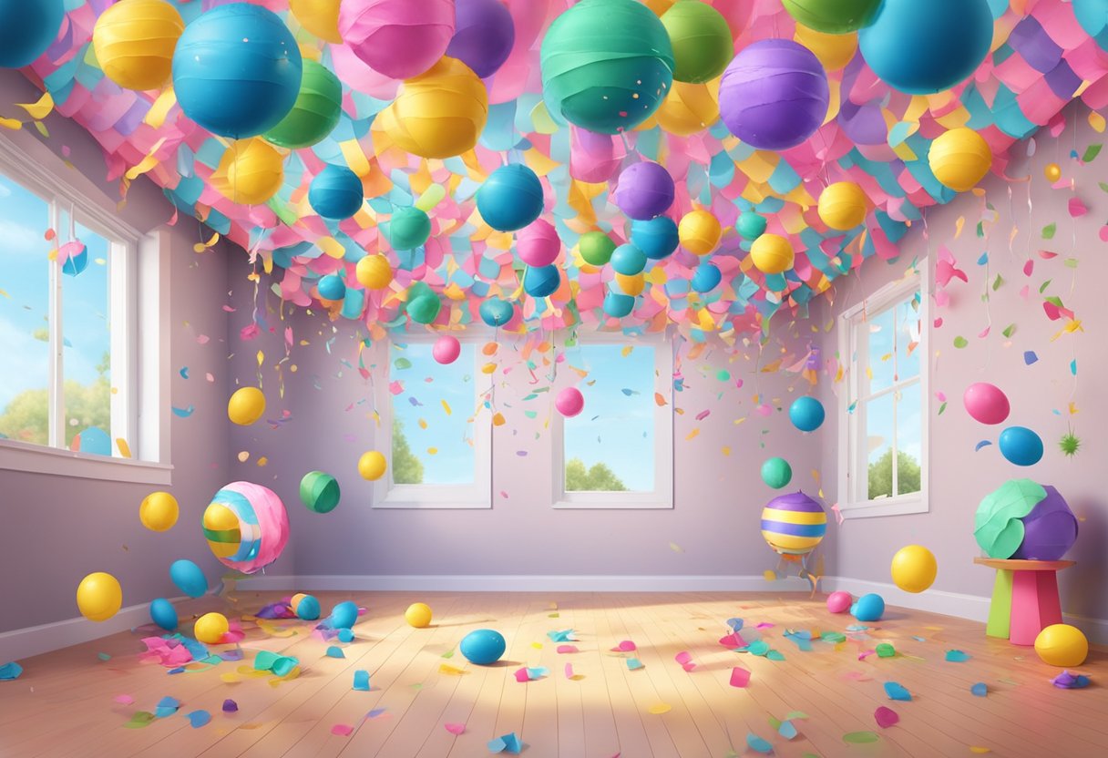 Colorful piñatas hang from the ceiling, ready to be smashed open. Confetti, candy, and blue or pink powder spill out, revealing the baby's gender