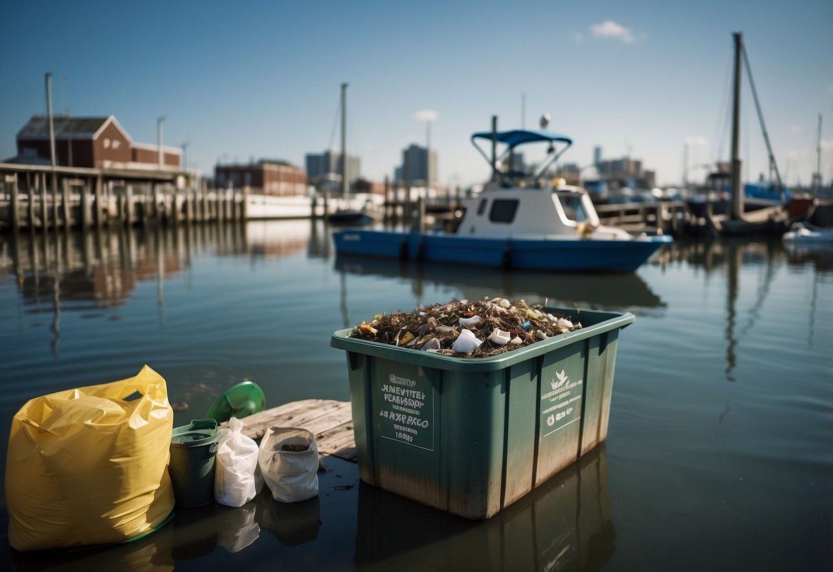 A boat on the water with separate bins for recycling and trash, a composting area, and a sign listing waste management tips