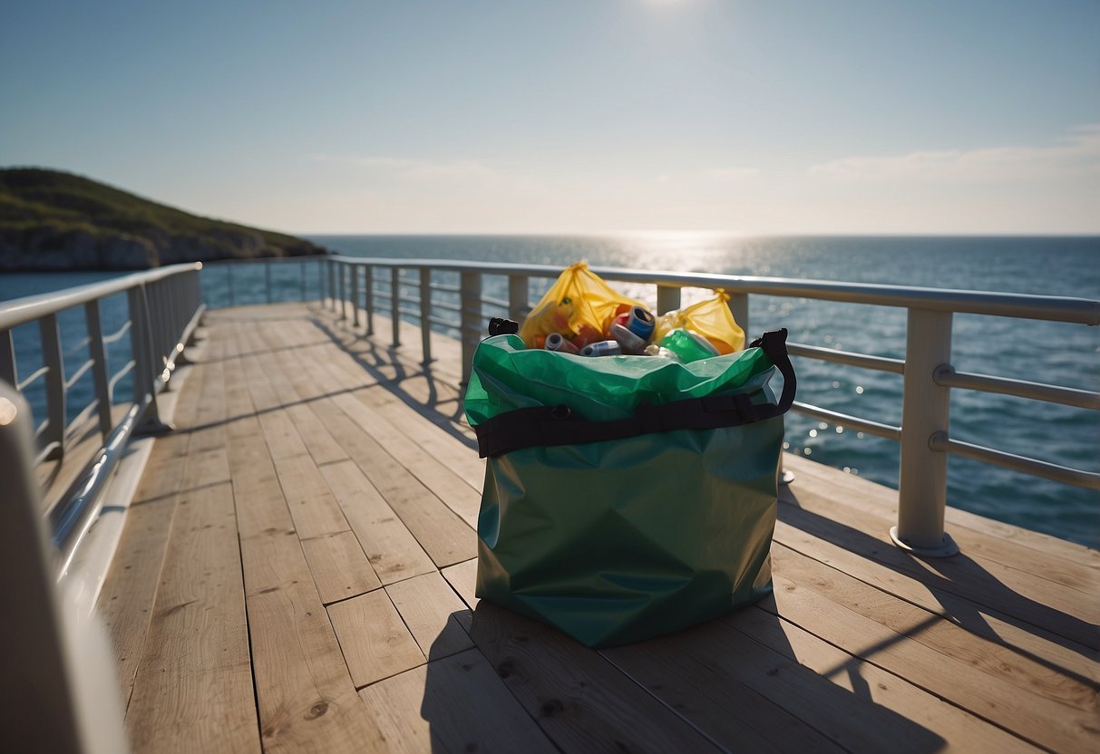 A boat deck with a reusable trash bag tied to a railing. Various waste items are being placed into the bag, with a serene ocean backdrop