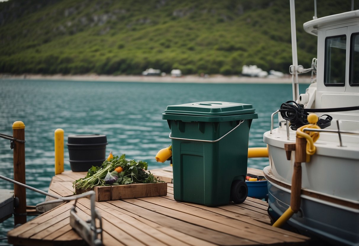 A compost bin is securely fastened to the deck of a boat, surrounded by various waste management tools and supplies. The ocean is calm in the background