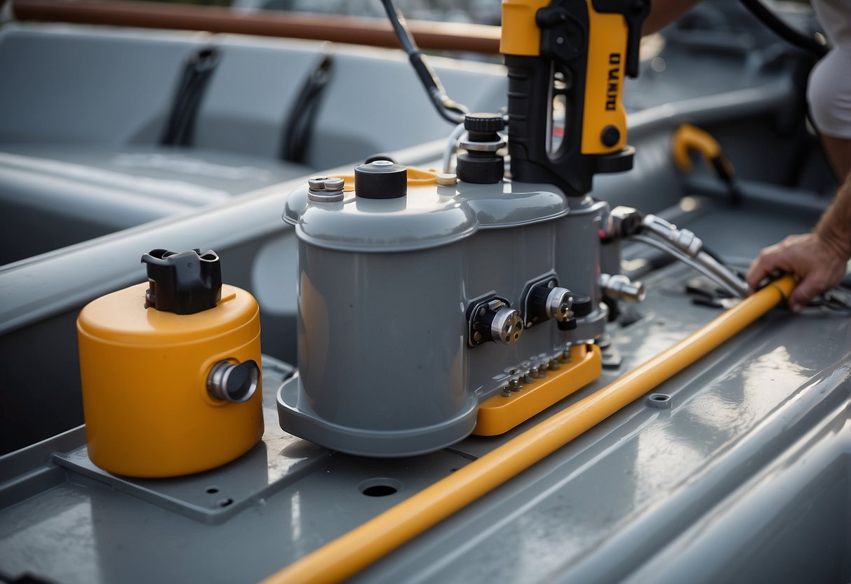 A boat deck with a gray water tank being installed, surrounded by tools and equipment. The tank is being secured in place with bolts and connected to the boat's plumbing system