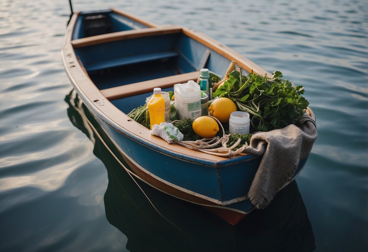 A boat on a clean, pristine body of water with biodegradable products neatly organized and easily accessible for waste management