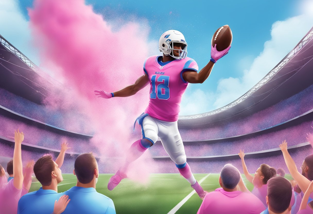 A football flying through the air, bursting with pink or blue powder upon impact. Surrounding the scene, excited onlookers cheer and celebrate the gender reveal