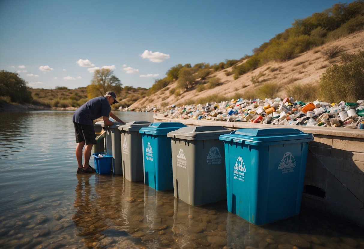 A boater carefully separates recyclables from general waste, using labeled bins. The sun shines on the pristine water, highlighting the importance of responsible waste management