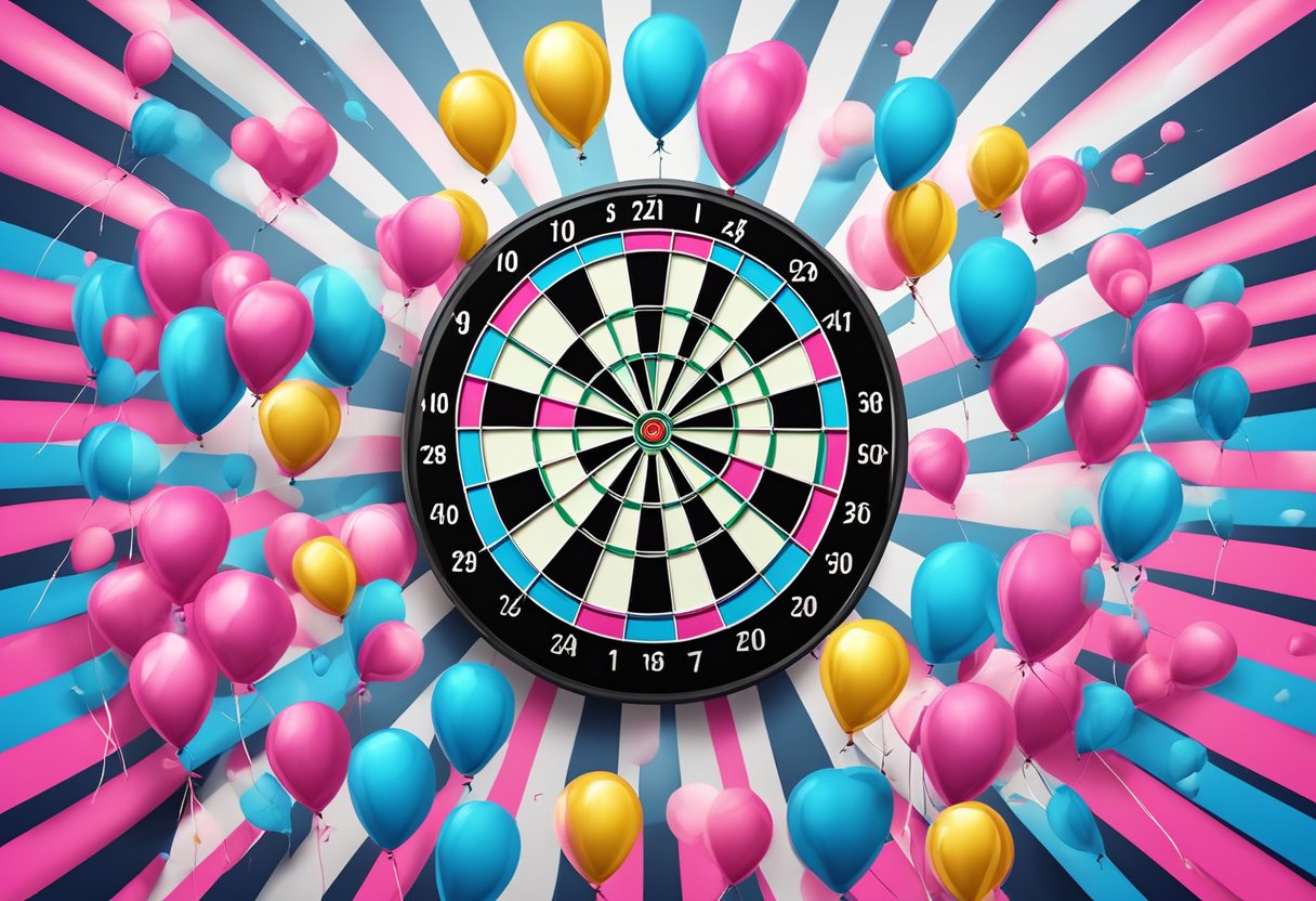 Colorful dartboard with balloons in blue and pink. Darts hitting balloons reveal gender. Excitement and anticipation in the air