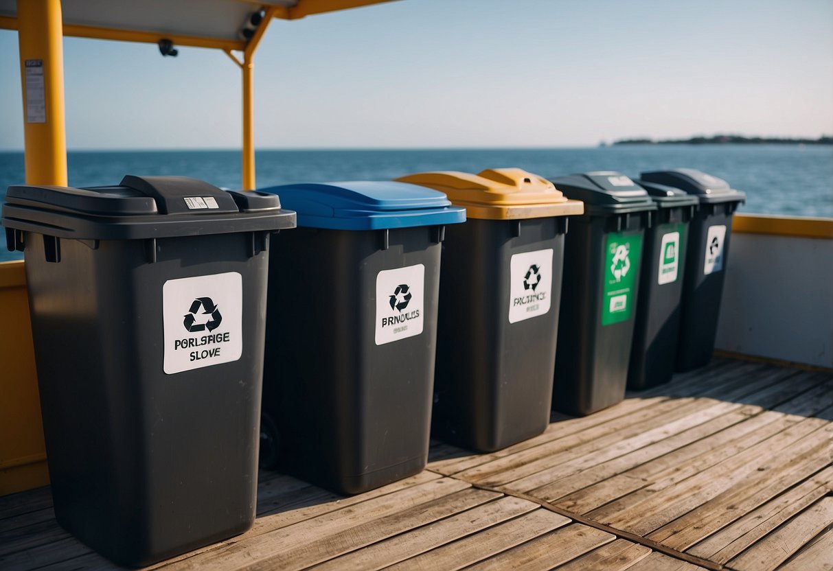 Waste stored in sealed containers on boat deck, with ocean in background. Trash bags and bins labeled for recycling and disposal