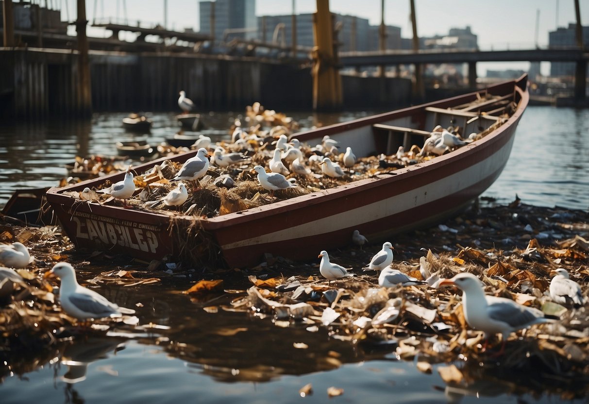 A boat surrounded by floating waste, with seagulls picking at the debris. Tips for managing waste are displayed on a nearby sign