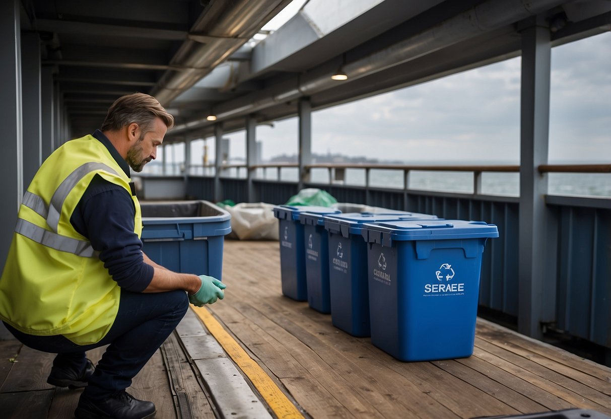 A boat deck with separate bins for recycling and general waste, labeled with clear signage. A crew member disposing of waste in the appropriate bins