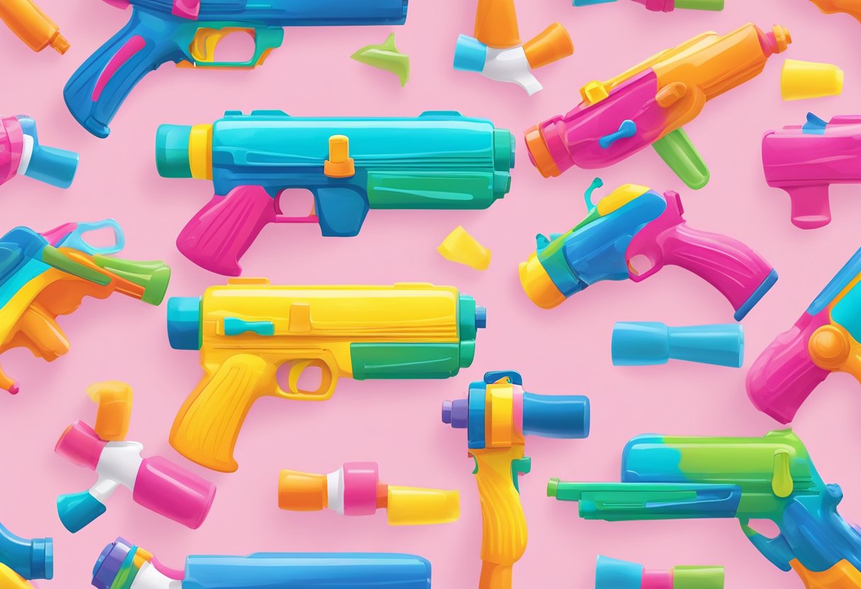 Vibrant paint-filled squirt guns arranged in a playful and colorful display, ready for a gender reveal celebration